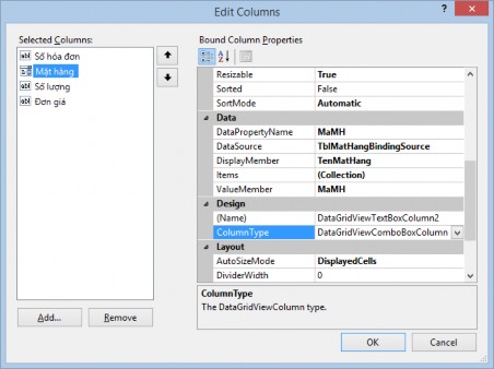 Hình 21 Cửa sổ Edit Columns Thay đổi thuộc tính HeaderText các cột cho phù hợp 5