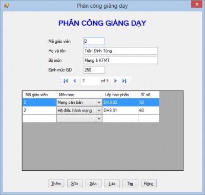Hình 26 Form phân công giảng dạy Yêu cầu Nhãn danh sách môn học Font Microsoft 1