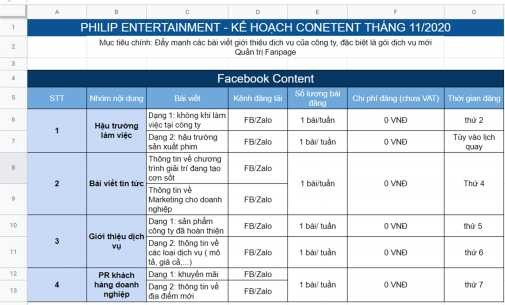 Hình 2 2 Kế hoạch Content Facebook tháng 11 2020 của Philip Entertainment Nguồn Phòng 2