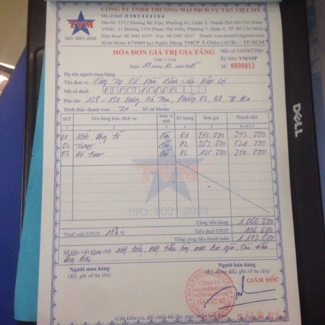 Hóa đơn GTGT 000013 Phiếu thu 09 12 Đơn vị CTY TNHH TM DV TÂN VIỆT MỸ Mẫu 1