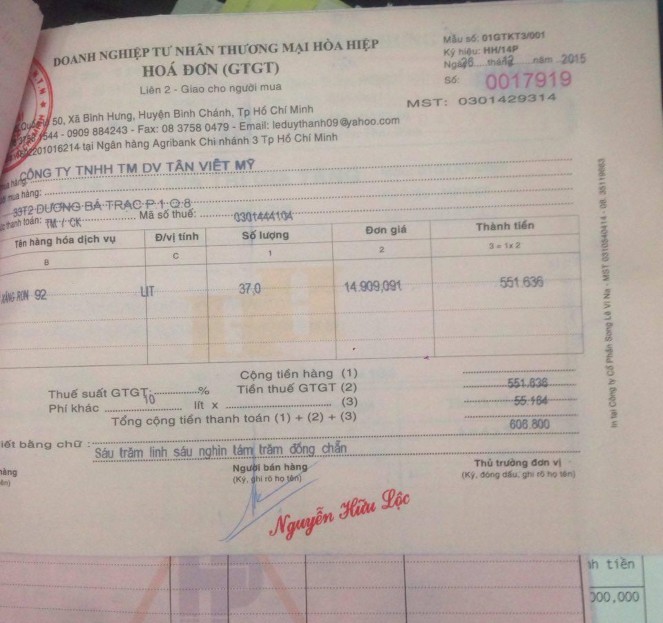 Hình 6 HĐ GTGT số 0017919 Đơn vị CTY TNHH TM DV TÂN VIỆT MỸ Mẫu số 02 – 13