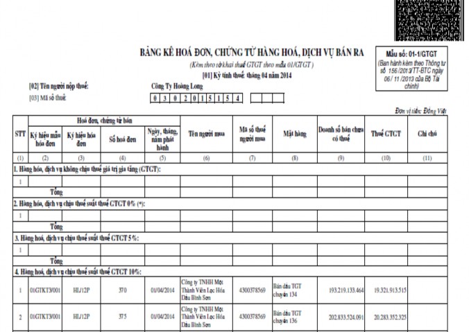 Hình 2 11 – Bảng kê hoá đơn hàng hoá dịch vụ bán ra tháng 4 2014 Đối với 9