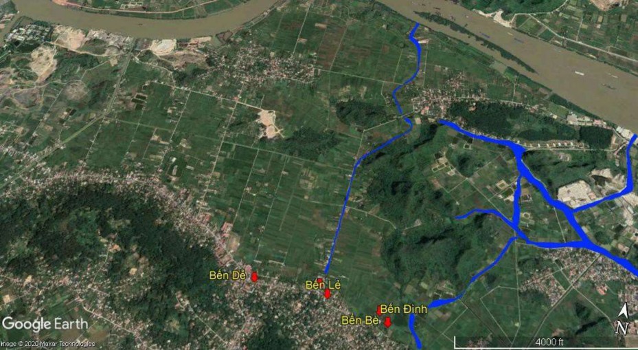 Bản đồ 3 Vị trí các bến nước cổ ở Liên Khê và dòng chảy hiện nay ở khu 5