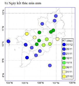Hình 3 1 Phân bố không gian của ngày bắt đầu a kết thúc mùa mưa b độ 6