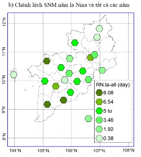 Hình 3 14 Chênh lệch số ngày mưa TBNN trong mùa mưa trung bình trong mùa mưa giữa 2