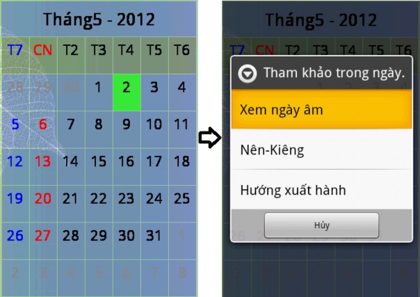 Hình 3 1 Màn hình xem lịch dương lịch âm Nếu chọn xem ngày âm thông tin ngày 1