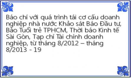 Báo chí với quá trình tái cơ cấu doanh nghiệp nhà nước Khảo sát Báo Đầu tư, Báo Tuổi trẻ TPHCM, Thời báo Kinh tế Sài Gòn, Tạp chí Tài chính doanh nghiệp, từ tháng 8/2012 – tháng 8/2013 - 19