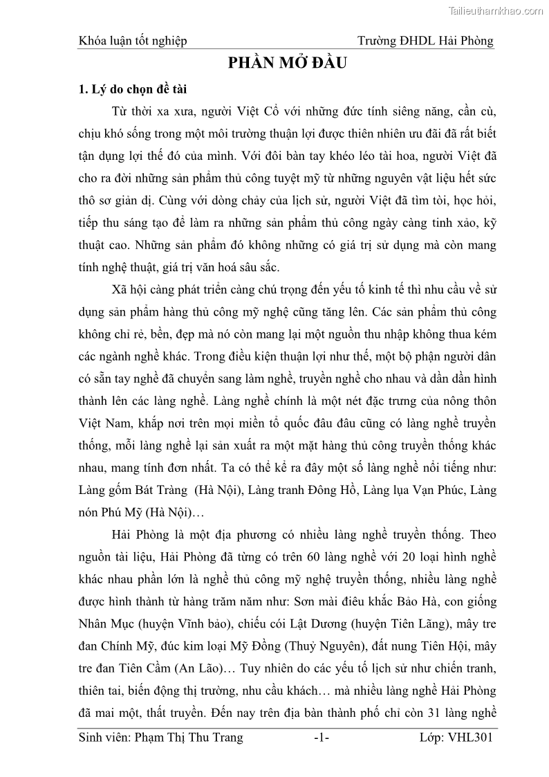 Khóa luận tốt nghiệp Văn hóa du lịch Đề xuất giải pháp khai thác một số sản phẩm làng nghề truyền thống ở Hải Phòng phục vụ phát triển du lịch - 1 Trang 1