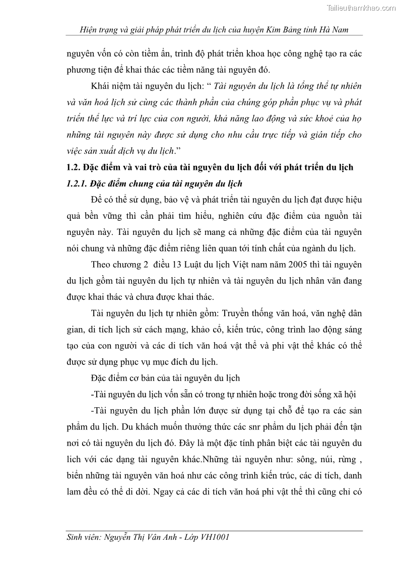 Khóa luận tốt nghiệp Văn hóa du lịch Hiện trạng và giải pháp phát triển du lịch của huyện Kim Bảng tỉnh Hà Nam - 2 Trang 9