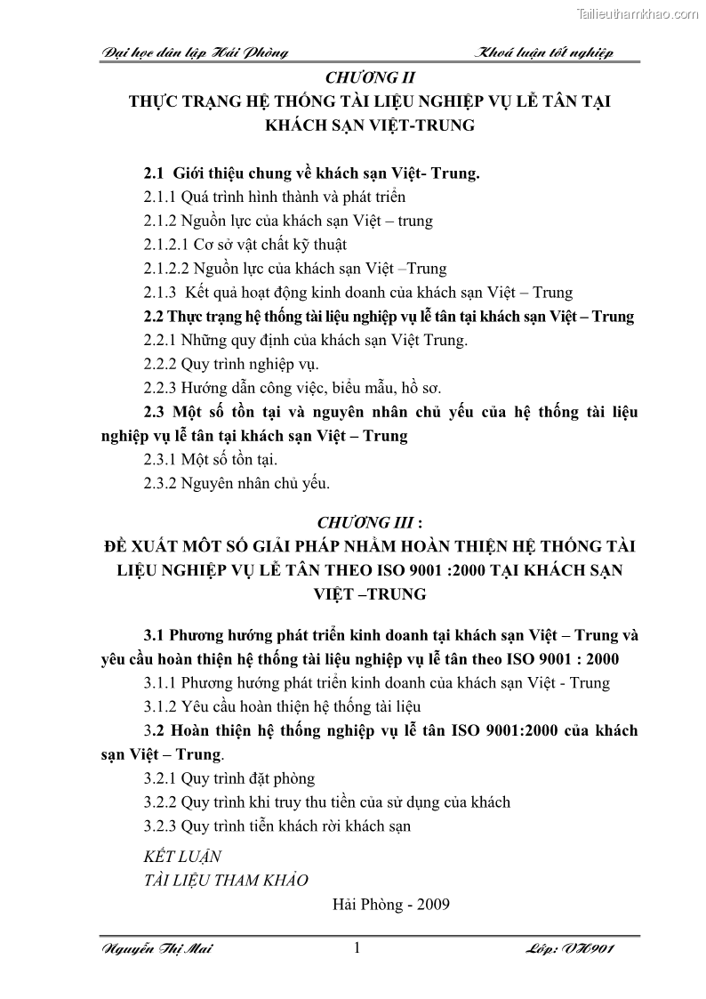 Khóa luận tốt nghiệp Văn hóa du lịch: Hoàn thiện hệ thống tài liệu nghiệp vụ lễ tân theo ISO 9001:2000 tại khách sạn Việt Trung - 1 Trang 1