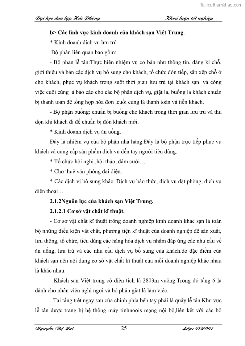 Khóa luận tốt nghiệp Văn hóa du lịch: Hoàn thiện hệ thống tài liệu nghiệp vụ lễ tân theo ISO 9001:2000 tại khách sạn Việt Trung - 4 Trang 25