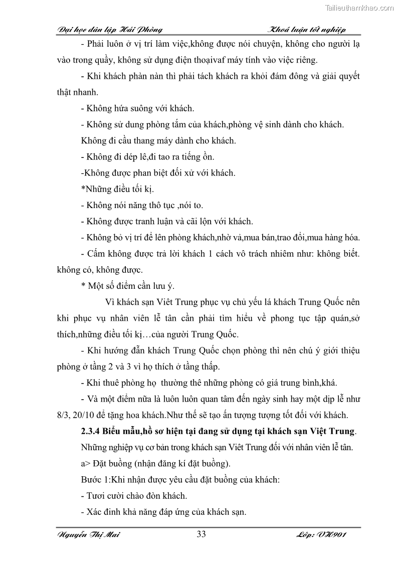 Khóa luận tốt nghiệp Văn hóa du lịch: Hoàn thiện hệ thống tài liệu nghiệp vụ lễ tân theo ISO 9001:2000 tại khách sạn Việt Trung - 5 Trang 33