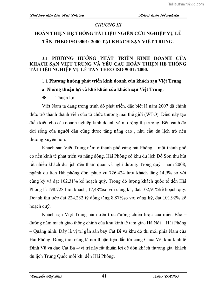 Khóa luận tốt nghiệp Văn hóa du lịch: Hoàn thiện hệ thống tài liệu nghiệp vụ lễ tân theo ISO 9001:2000 tại khách sạn Việt Trung - 6 Trang 41