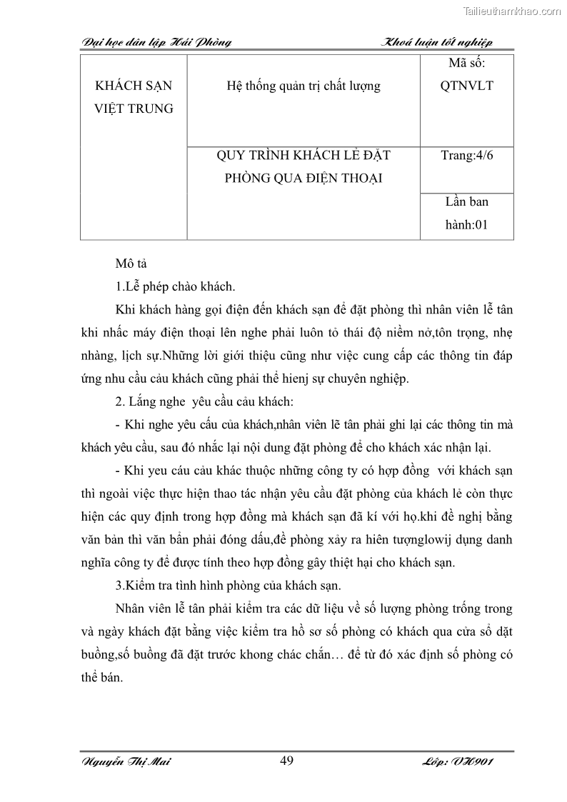 Khóa luận tốt nghiệp Văn hóa du lịch: Hoàn thiện hệ thống tài liệu nghiệp vụ lễ tân theo ISO 9001:2000 tại khách sạn Việt Trung - 7 Trang 49