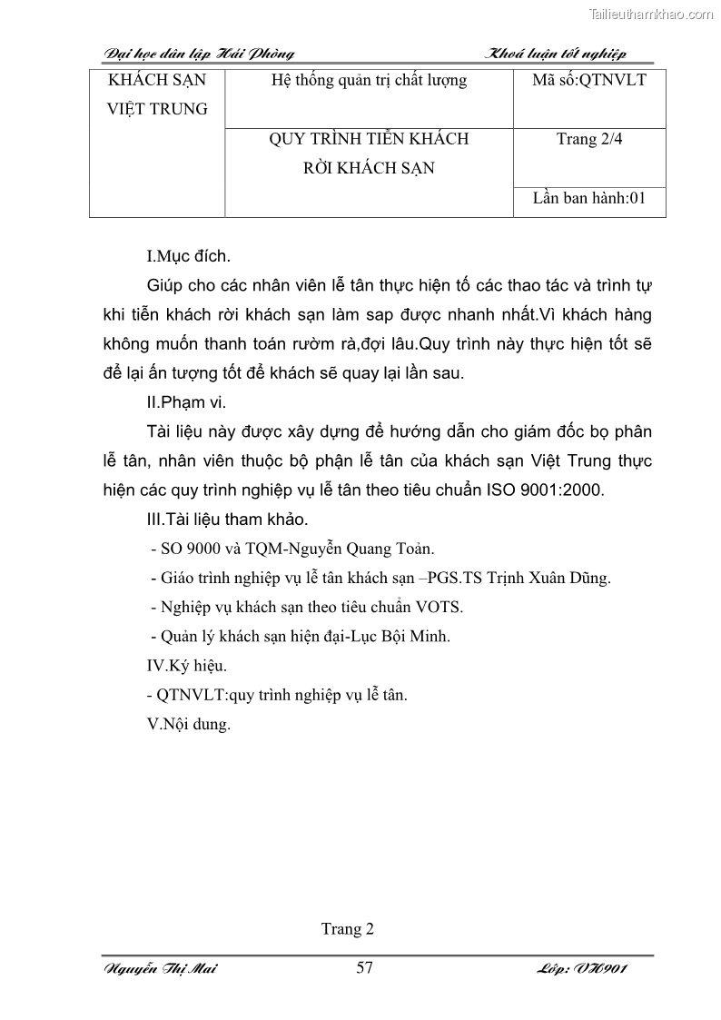 Khóa luận tốt nghiệp Văn hóa du lịch: Hoàn thiện hệ thống tài liệu nghiệp vụ lễ tân theo ISO 9001:2000 tại khách sạn Việt Trung - 8 Trang 57
