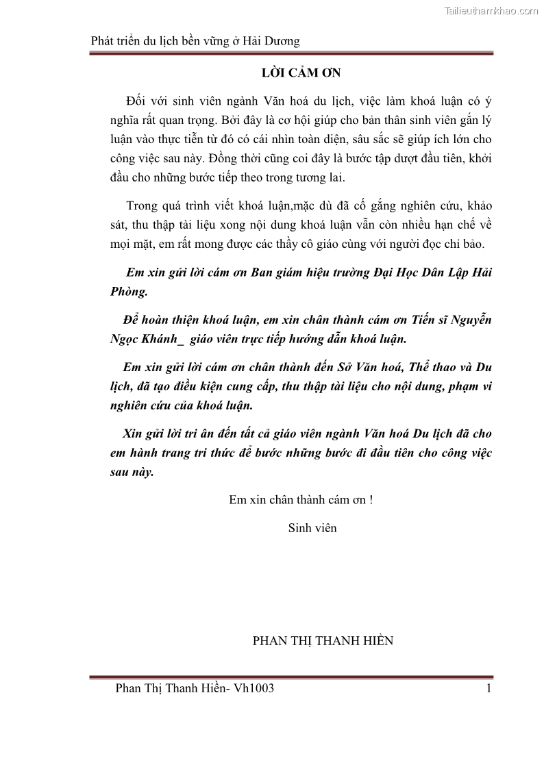 Khóa luận tốt nghiệp Văn hóa du lịch Phát triển du lịch bền vững ở Hải Dương - 1 Trang 1