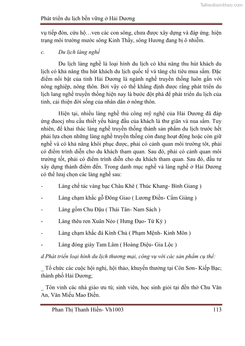 Khóa luận tốt nghiệp Văn hóa du lịch Phát triển du lịch bền vững ở Hải Dương - 15 Trang 113