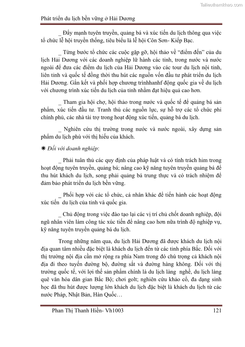 Khóa luận tốt nghiệp Văn hóa du lịch Phát triển du lịch bền vững ở Hải Dương - 16 Trang 121