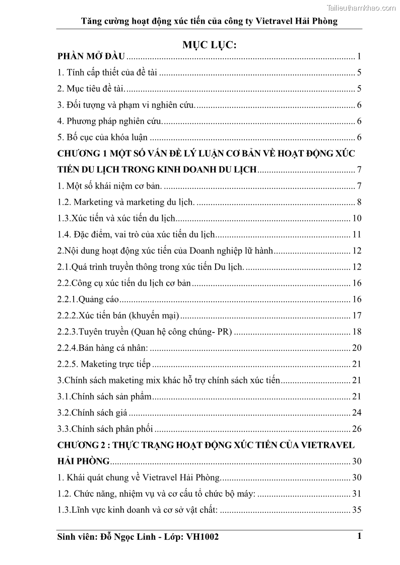 Khóa luận tốt nghiệp Văn hóa du lịch Tăng cường hoạt động xúc tiến của công ty Vietravel Hải Phòng - 1 Trang 1