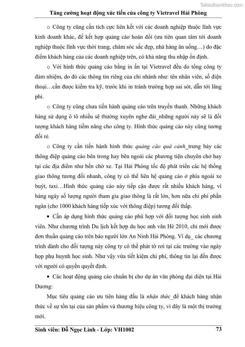 Khóa luận tốt nghiệp Văn hóa du lịch Tăng cường hoạt động xúc tiến của công ty Vietravel Hải Phòng - 10 Trang 73