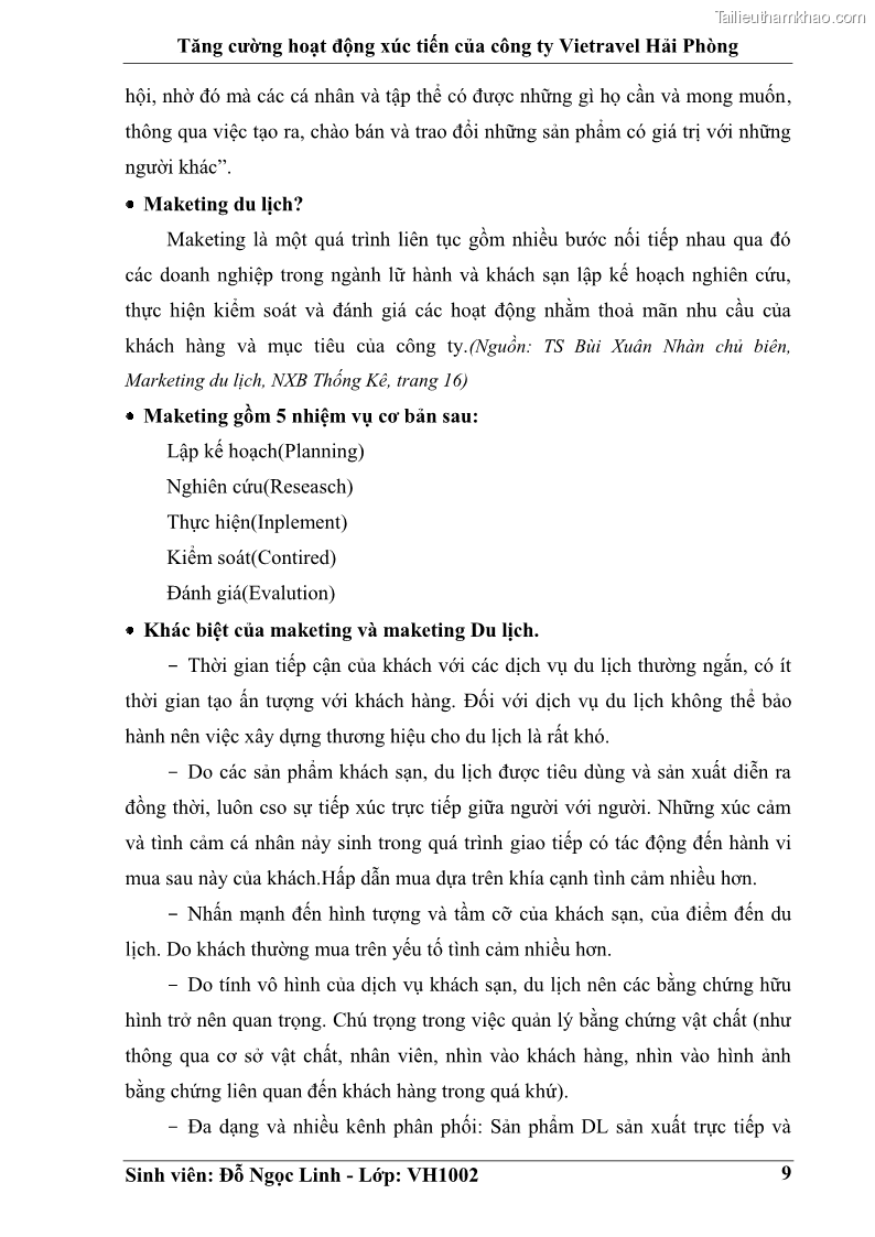 Khóa luận tốt nghiệp Văn hóa du lịch Tăng cường hoạt động xúc tiến của công ty Vietravel Hải Phòng - 2 Trang 9