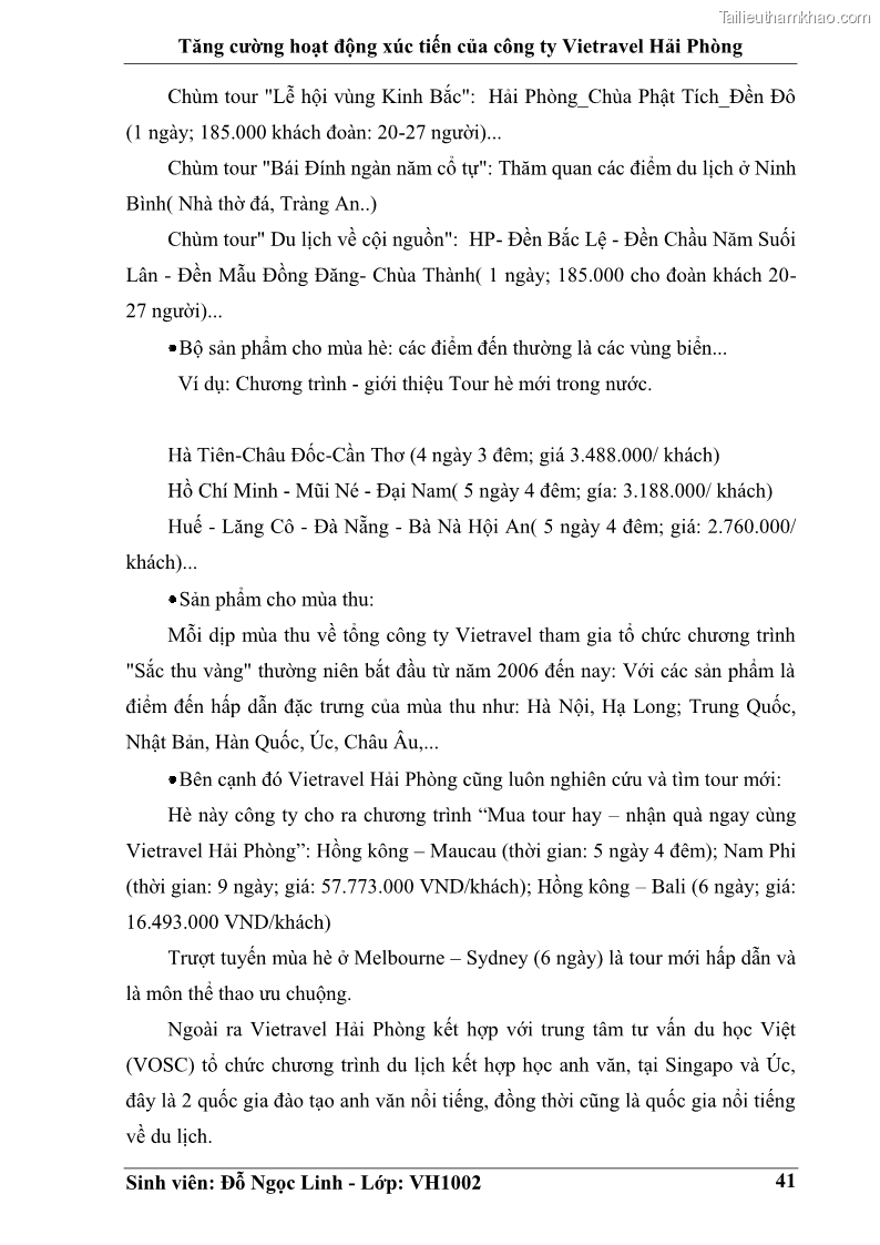 Khóa luận tốt nghiệp Văn hóa du lịch Tăng cường hoạt động xúc tiến của công ty Vietravel Hải Phòng - 6 Trang 41