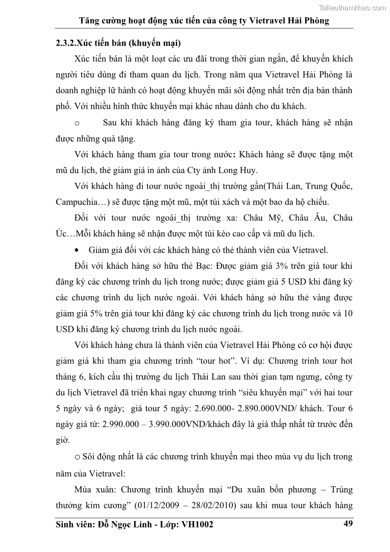Khóa luận tốt nghiệp Văn hóa du lịch Tăng cường hoạt động xúc tiến của công ty Vietravel Hải Phòng - 7 Trang 49
