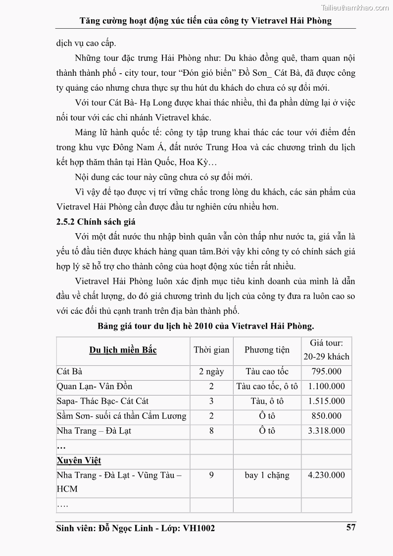 Khóa luận tốt nghiệp Văn hóa du lịch Tăng cường hoạt động xúc tiến của công ty Vietravel Hải Phòng - 8 Trang 57