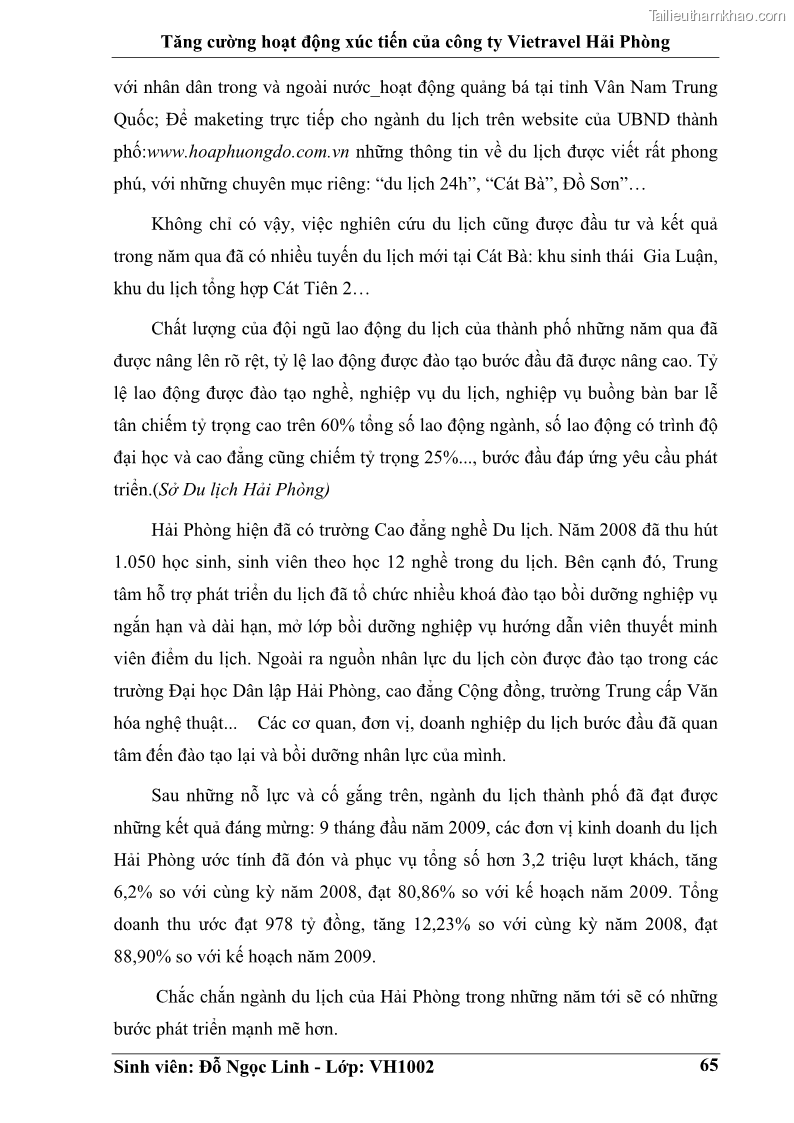Khóa luận tốt nghiệp Văn hóa du lịch Tăng cường hoạt động xúc tiến của công ty Vietravel Hải Phòng - 9 Trang 65