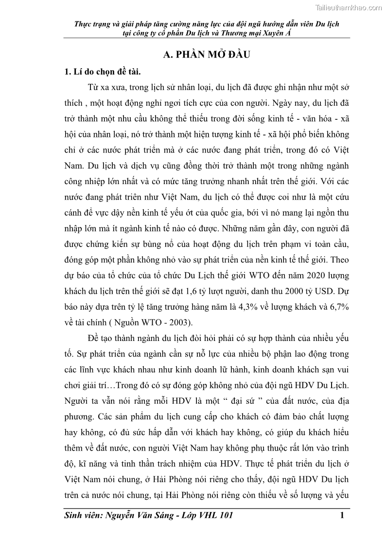 Khóa luận tốt nghiệp Văn hóa du lịch Thực trạng và giải pháp tăng cường năng lực của đội ngũ hướng dẫn viên Du lịch tại công ty cổ phần Du lịch và Thương mại Xuyên Á - 1 Trang 1