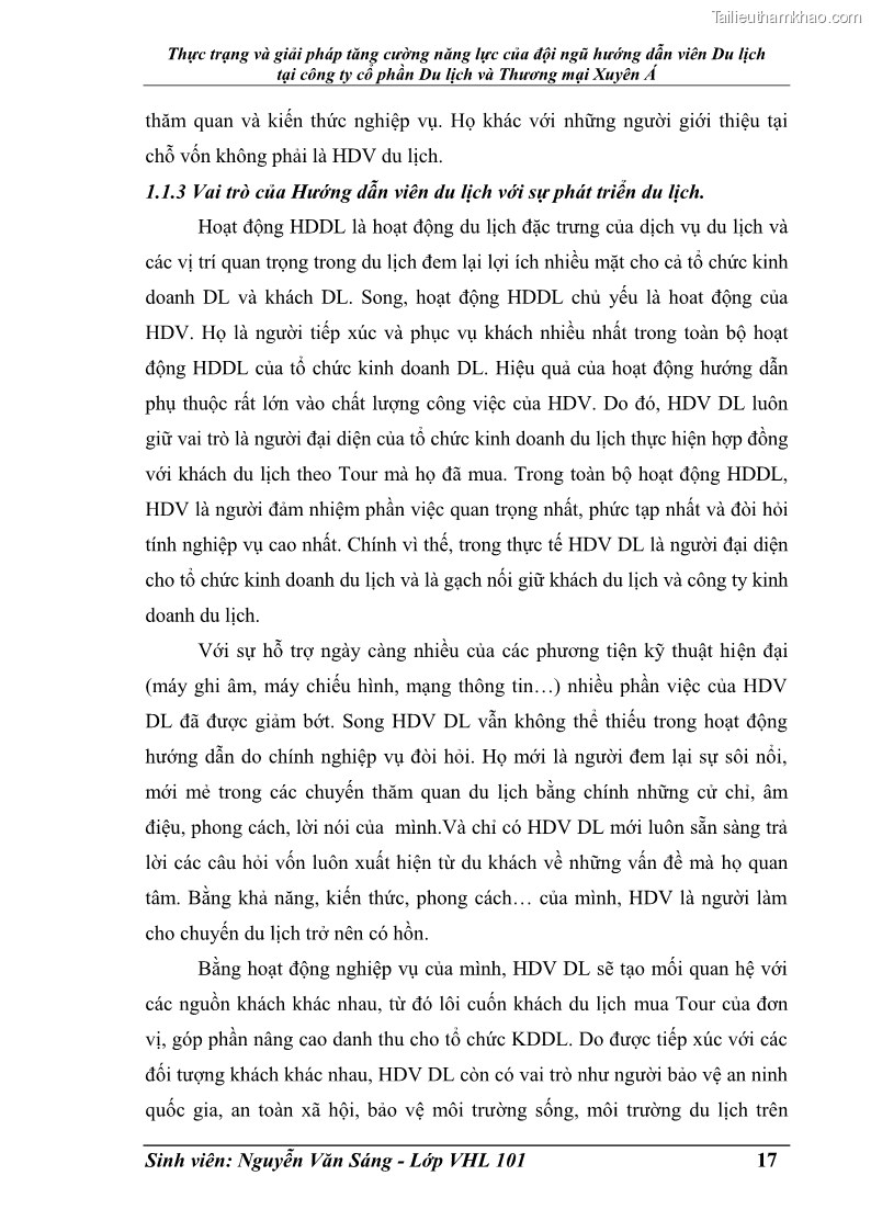 Khóa luận tốt nghiệp Văn hóa du lịch Thực trạng và giải pháp tăng cường năng lực của đội ngũ hướng dẫn viên Du lịch tại công ty cổ phần Du lịch và Thương mại Xuyên Á - 3 Trang 17