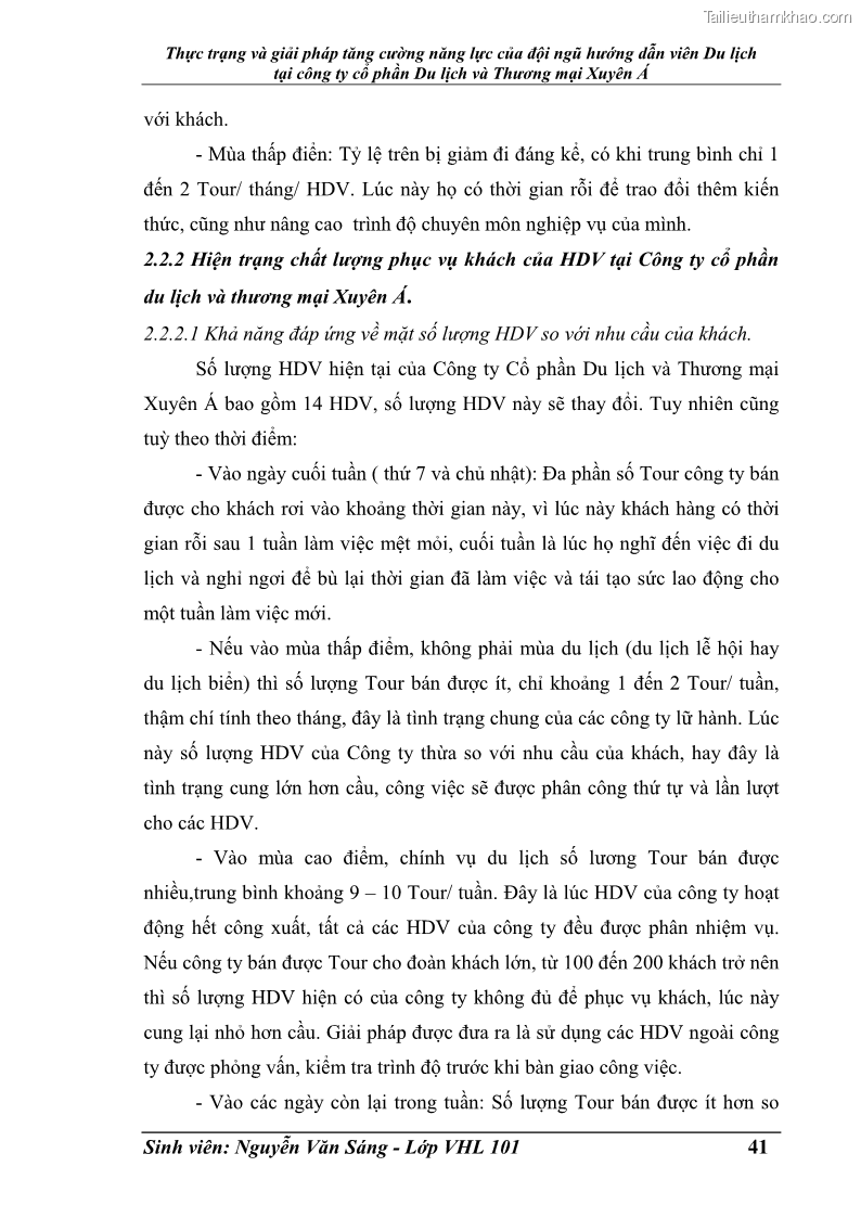 Khóa luận tốt nghiệp Văn hóa du lịch Thực trạng và giải pháp tăng cường năng lực của đội ngũ hướng dẫn viên Du lịch tại công ty cổ phần Du lịch và Thương mại Xuyên Á - 6 Trang 41
