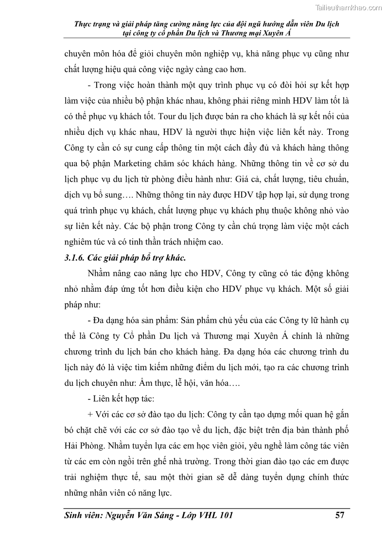 Khóa luận tốt nghiệp Văn hóa du lịch Thực trạng và giải pháp tăng cường năng lực của đội ngũ hướng dẫn viên Du lịch tại công ty cổ phần Du lịch và Thương mại Xuyên Á - 8 Trang 57