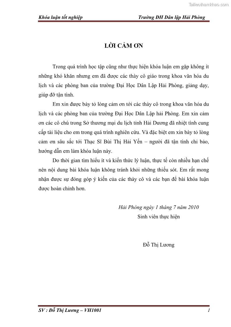 Khóa luận tốt nghiệp Văn hóa du lịch Nghiên cứu nguồn lực, thực trạng, giải pháp khai thác tuyến điểm du lịch sinh thái nhân văn ở Hải Dương. Xây dựng tuyến Hà Nội - Cẩm Giàng – Thanh Miện - Ninh Giang - Chí Linh – Thành Phố Hải Dương - 1 Trang 1