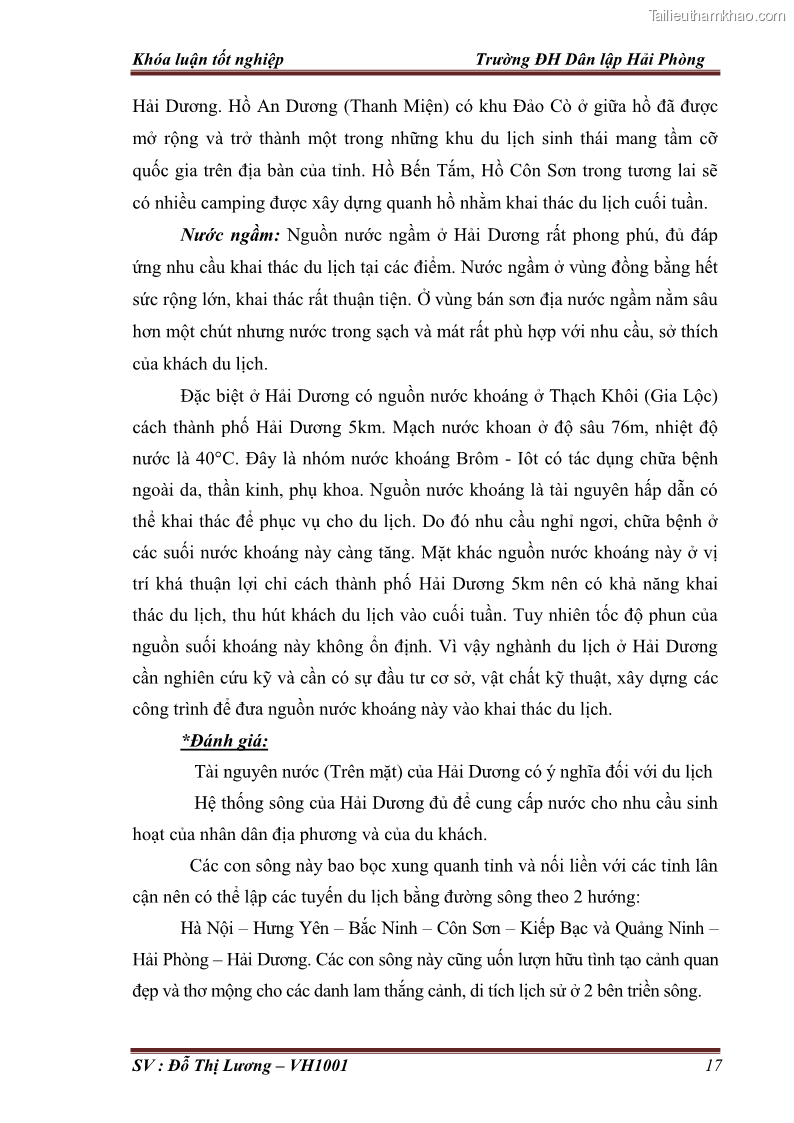 Khóa luận tốt nghiệp Văn hóa du lịch Nghiên cứu nguồn lực, thực trạng, giải pháp khai thác tuyến điểm du lịch sinh thái nhân văn ở Hải Dương. Xây dựng tuyến Hà Nội - Cẩm Giàng – Thanh Miện - Ninh Giang - Chí Linh – Thành Phố Hải Dương - 3 Trang 17