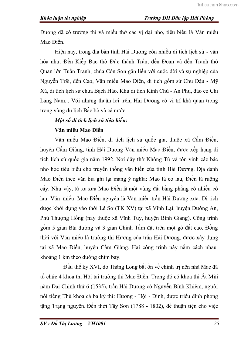 Khóa luận tốt nghiệp Văn hóa du lịch Nghiên cứu nguồn lực, thực trạng, giải pháp khai thác tuyến điểm du lịch sinh thái nhân văn ở Hải Dương. Xây dựng tuyến Hà Nội - Cẩm Giàng – Thanh Miện - Ninh Giang - Chí Linh – Thành Phố Hải Dương - 4 Trang 25