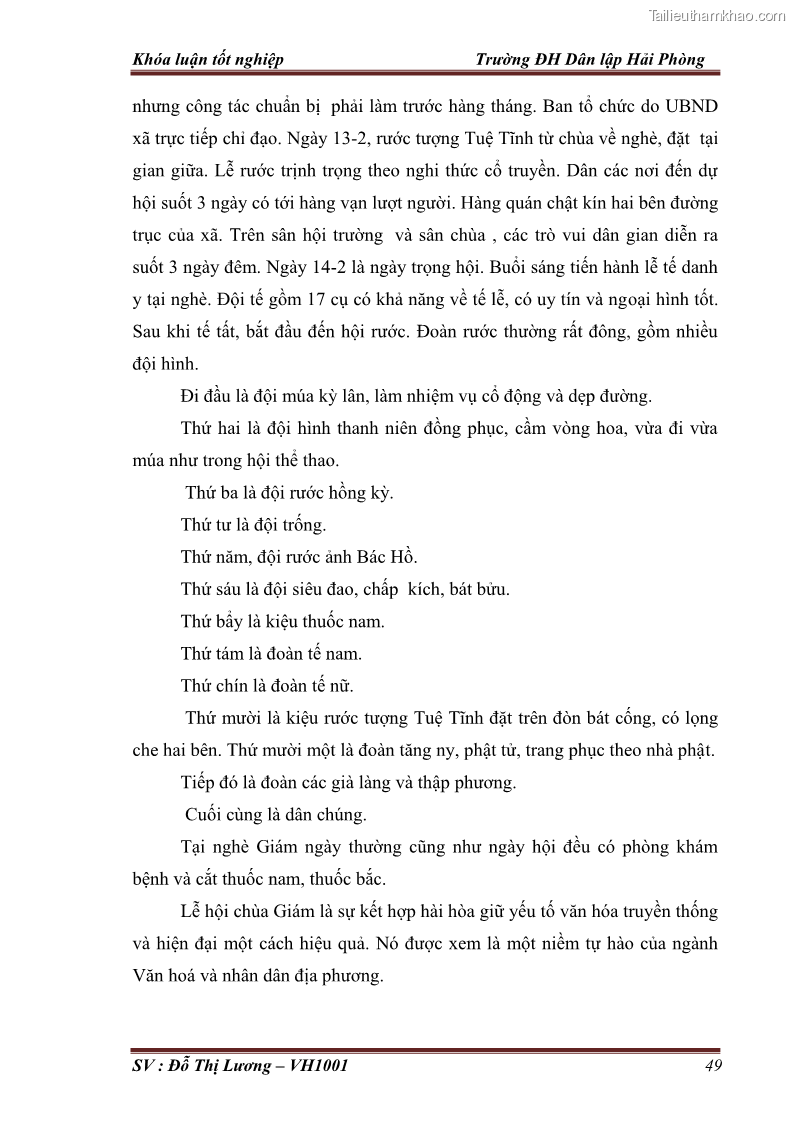 Khóa luận tốt nghiệp Văn hóa du lịch Nghiên cứu nguồn lực, thực trạng, giải pháp khai thác tuyến điểm du lịch sinh thái nhân văn ở Hải Dương. Xây dựng tuyến Hà Nội - Cẩm Giàng – Thanh Miện - Ninh Giang - Chí Linh – Thành Phố Hải Dương - 7 Trang 49