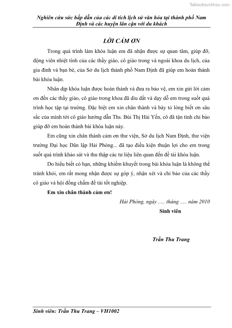 Khóa luận tốt nghiệp Văn hóa du lịch Nghiên cứu sức hấp dẫn của các di tích lịch sử văn hóa tại thành phố Nam Định và các huyện lân cận với du khách - 1 Trang 1