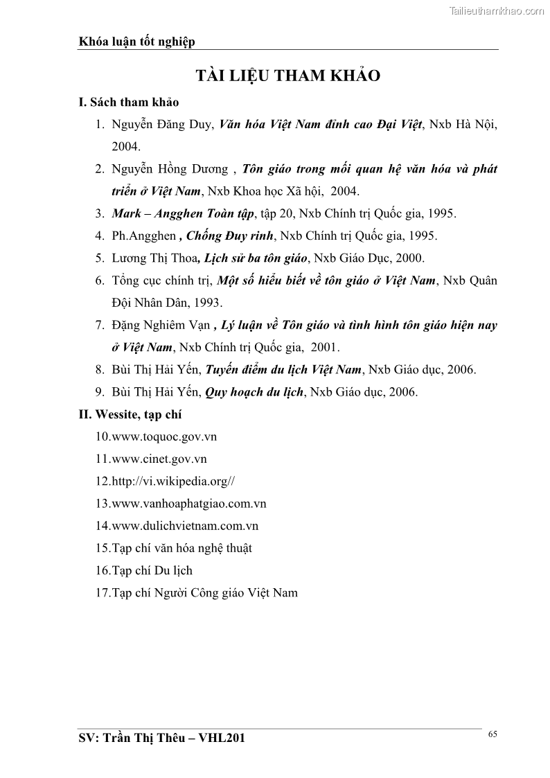 Khóa luận tốt nghiệp Văn hóa du lịch Nghiên cứu tôn giáo ở đồng bằng Bắc Bộ những đề xuất nhằm gắn văn hóa tôn giáo với văn hóa du lịch - 9 Trang 65