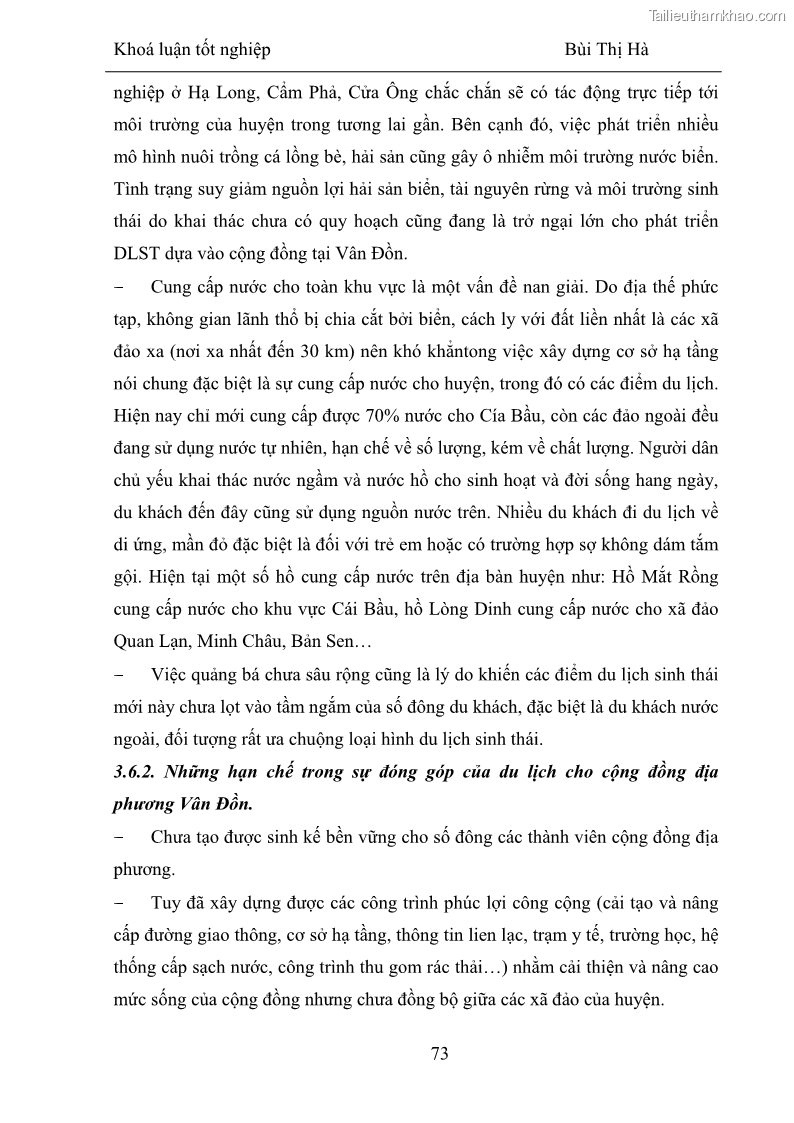 Khóa luận tốt nghiệp Văn hóa du lịch Phát triển du lịch sinh thái dựa vào cộng đồng tại Vân Đồn, Quảng Ninh - 10 Trang 73