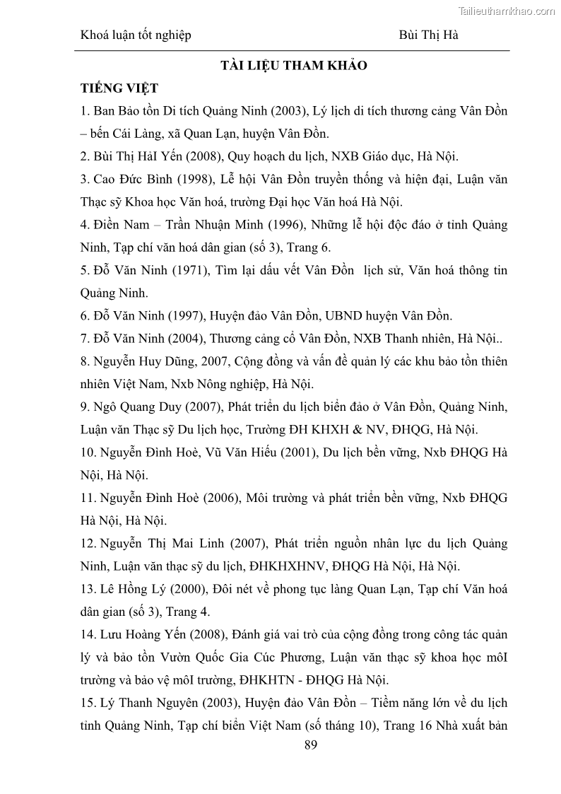 Khóa luận tốt nghiệp Văn hóa du lịch Phát triển du lịch sinh thái dựa vào cộng đồng tại Vân Đồn, Quảng Ninh - 12 Trang 89