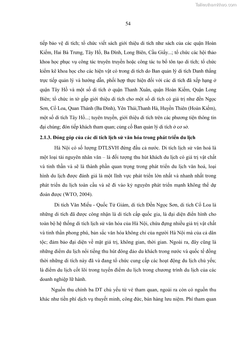 Luận án tiến sĩ kinh tế Tổ chức các hoạt động du lịch tại một số di tích lịch sử văn hóa quốc gia của Hà Nội theo hướng phát triển bền vững - 9 Trang 65