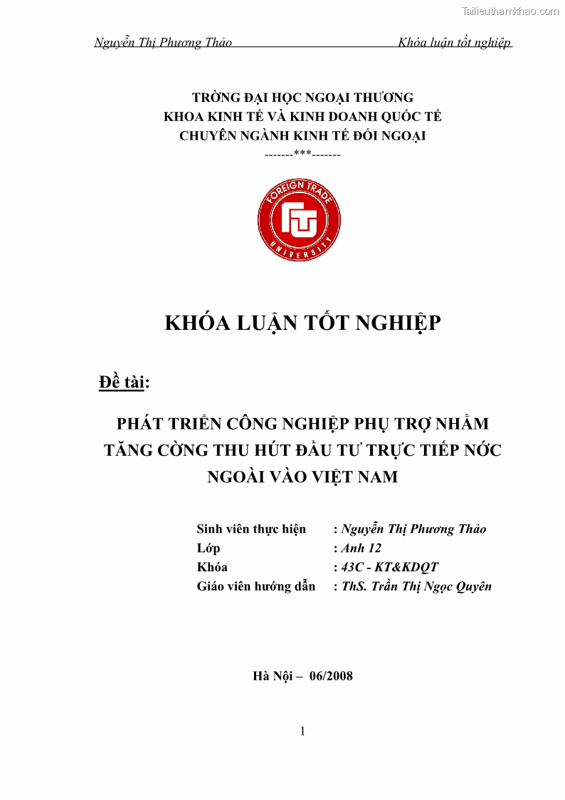 Khóa luận tốt nghiệp Phát triển công nghiệp phụ trợ nhằm tăng cường thu hút đầu tư trực tiếp nước ngoài vào Việt Nam - 1 Trang 1