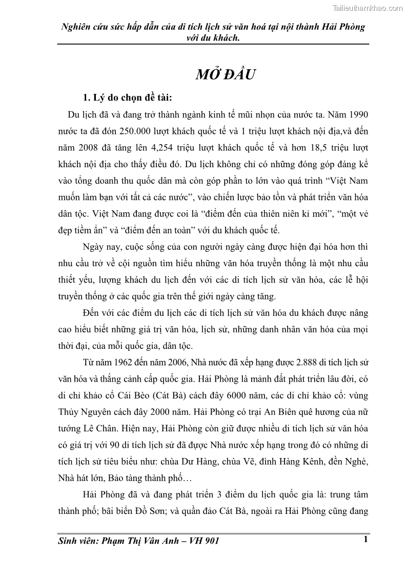 Khóa luận tốt nghiệp Văn hóa du lịch Nghiên cứu sức hấp dẫn của di tích lịch sử văn hoá tại nội thành Hải Phòng với du khách - 1 Trang 1