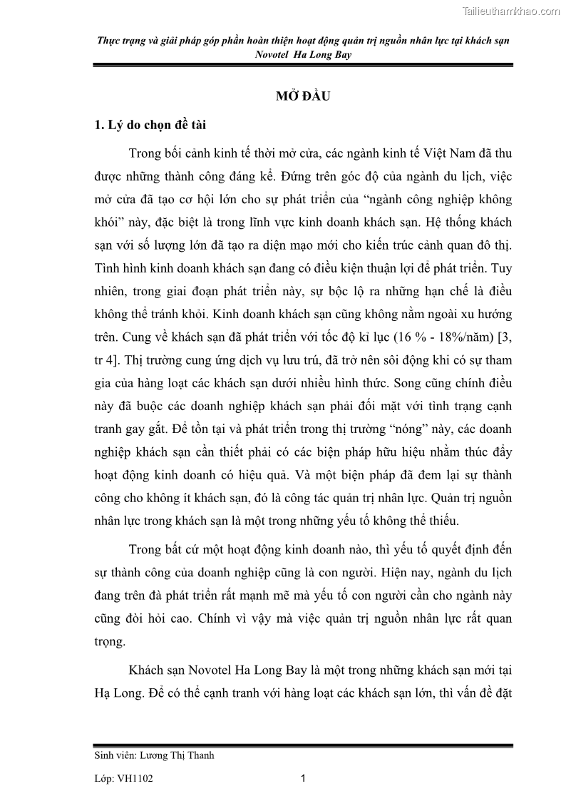 Khóa luận tốt nghiệp Văn hóa du lịch Thực trạng và giải pháp góp phần hoàn thiện hoạt động quản trị nguồn nhân lực tại khách sạn Novotel Ha Long Bay - 1 Trang 1