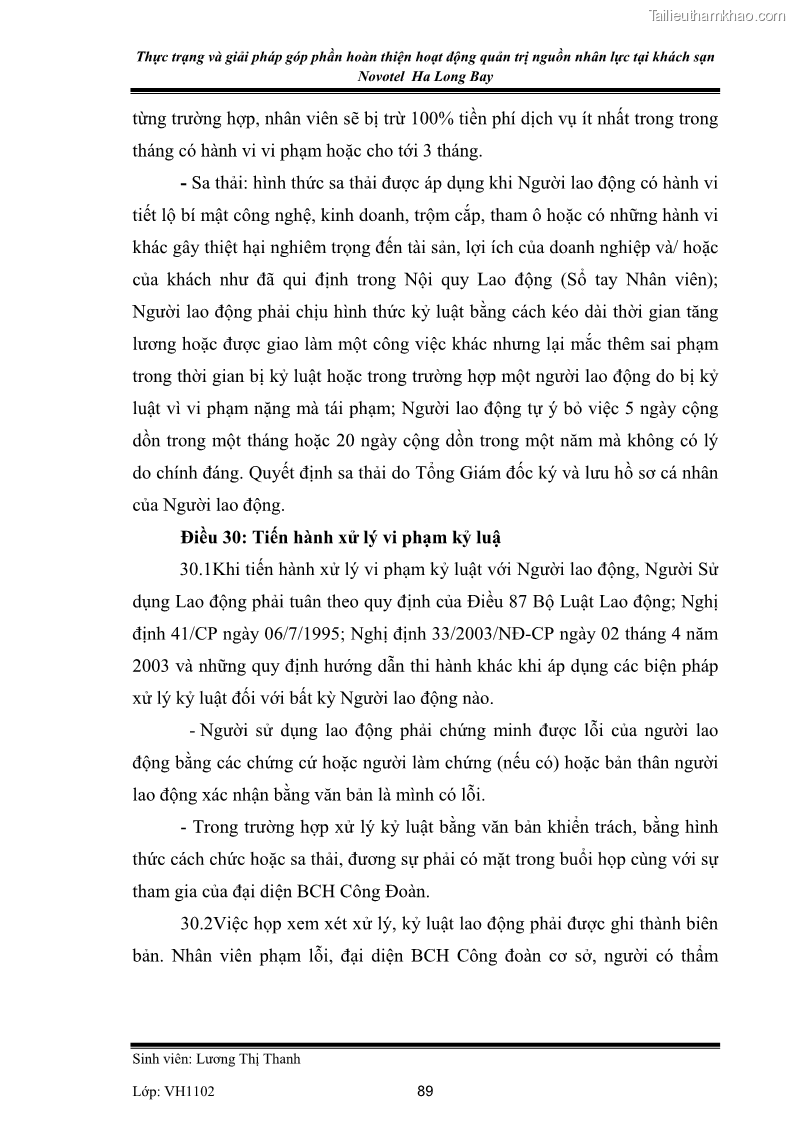 Khóa luận tốt nghiệp Văn hóa du lịch Thực trạng và giải pháp góp phần hoàn thiện hoạt động quản trị nguồn nhân lực tại khách sạn Novotel Ha Long Bay - 12 Trang 89