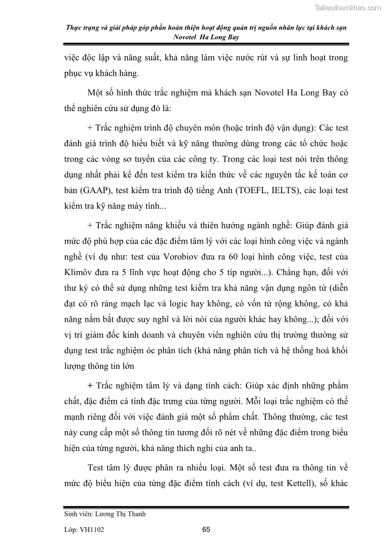 Khóa luận tốt nghiệp Văn hóa du lịch Thực trạng và giải pháp góp phần hoàn thiện hoạt động quản trị nguồn nhân lực tại khách sạn Novotel Ha Long Bay - 9 Trang 65