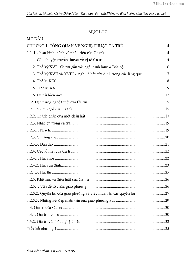 Khóa luận tốt nghiệp Văn hóa du lịch Tìm hiểu nghệ thuật Ca trù Đông Môn - Thủy Nguyên - Hải Phòng và định hướng khai thác trong du lịch - 1 Trang 1