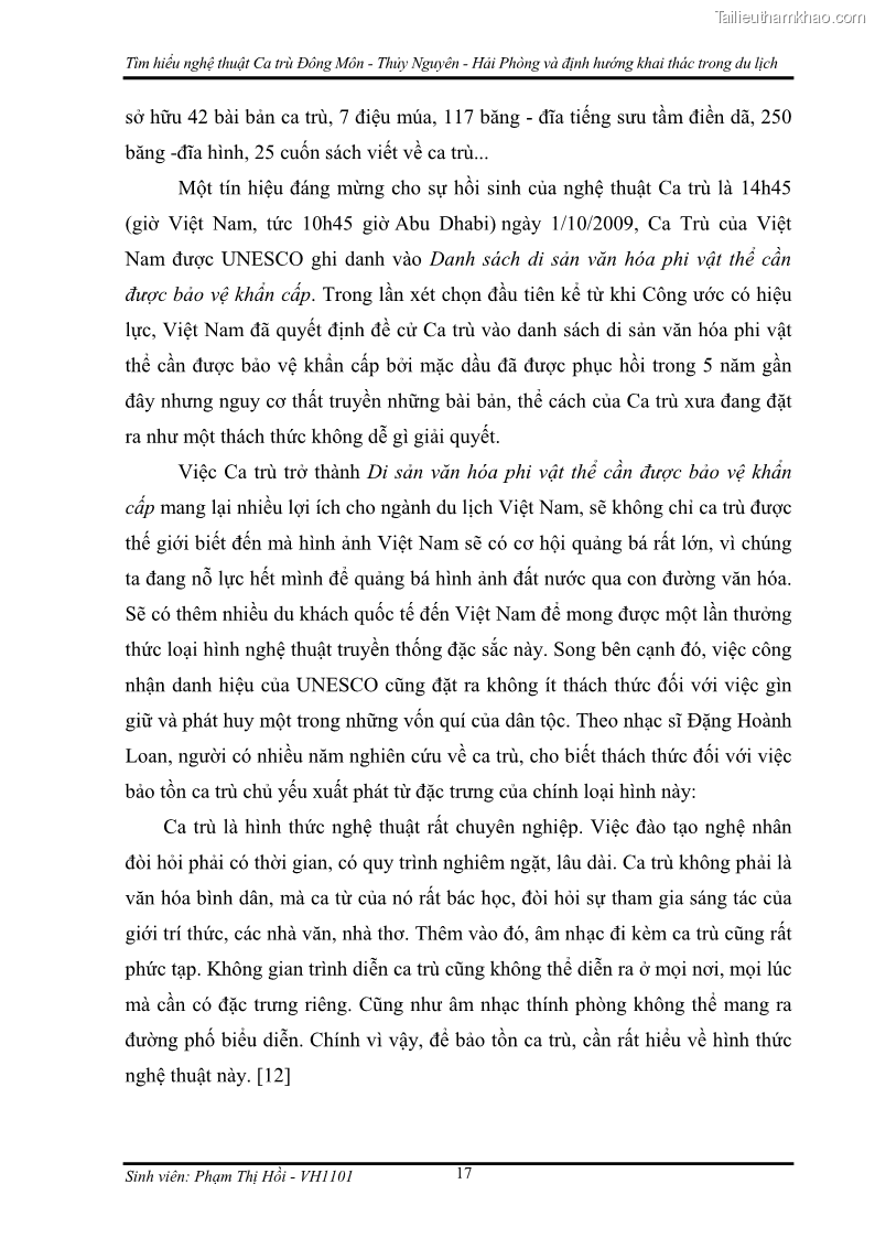 Khóa luận tốt nghiệp Văn hóa du lịch Tìm hiểu nghệ thuật Ca trù Đông Môn - Thủy Nguyên - Hải Phòng và định hướng khai thác trong du lịch - 3 Trang 17