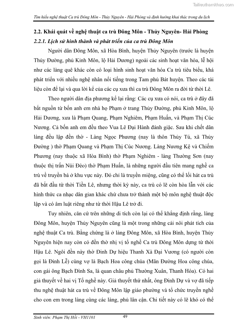 Khóa luận tốt nghiệp Văn hóa du lịch Tìm hiểu nghệ thuật Ca trù Đông Môn - Thủy Nguyên - Hải Phòng và định hướng khai thác trong du lịch - 7 Trang 49